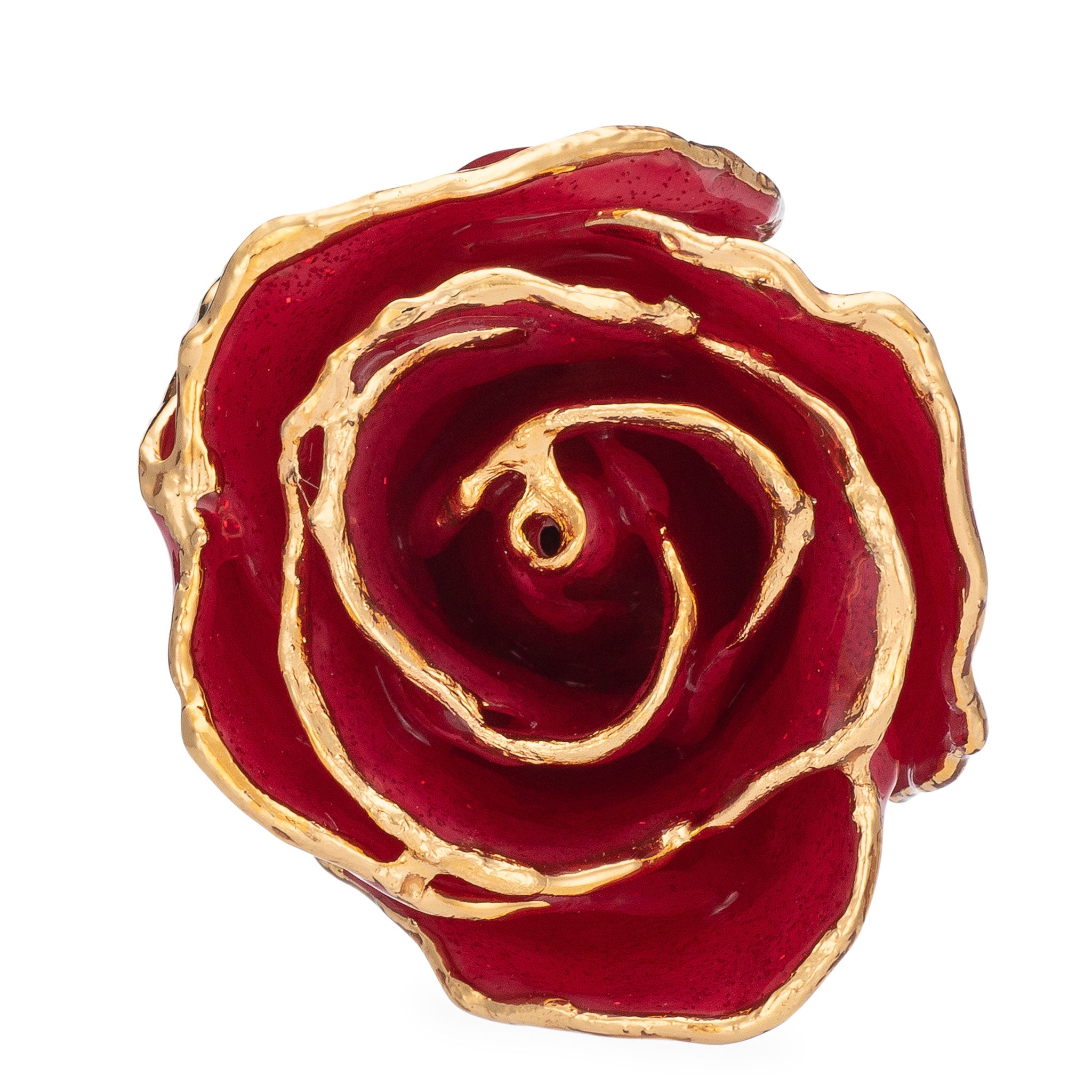24K Gold Trimmed Forever Rose with Red Petals with Suspended Sparkles. View of Stem, Leaves, and Rose Petals and Showing Detail of Gold Trim view from top