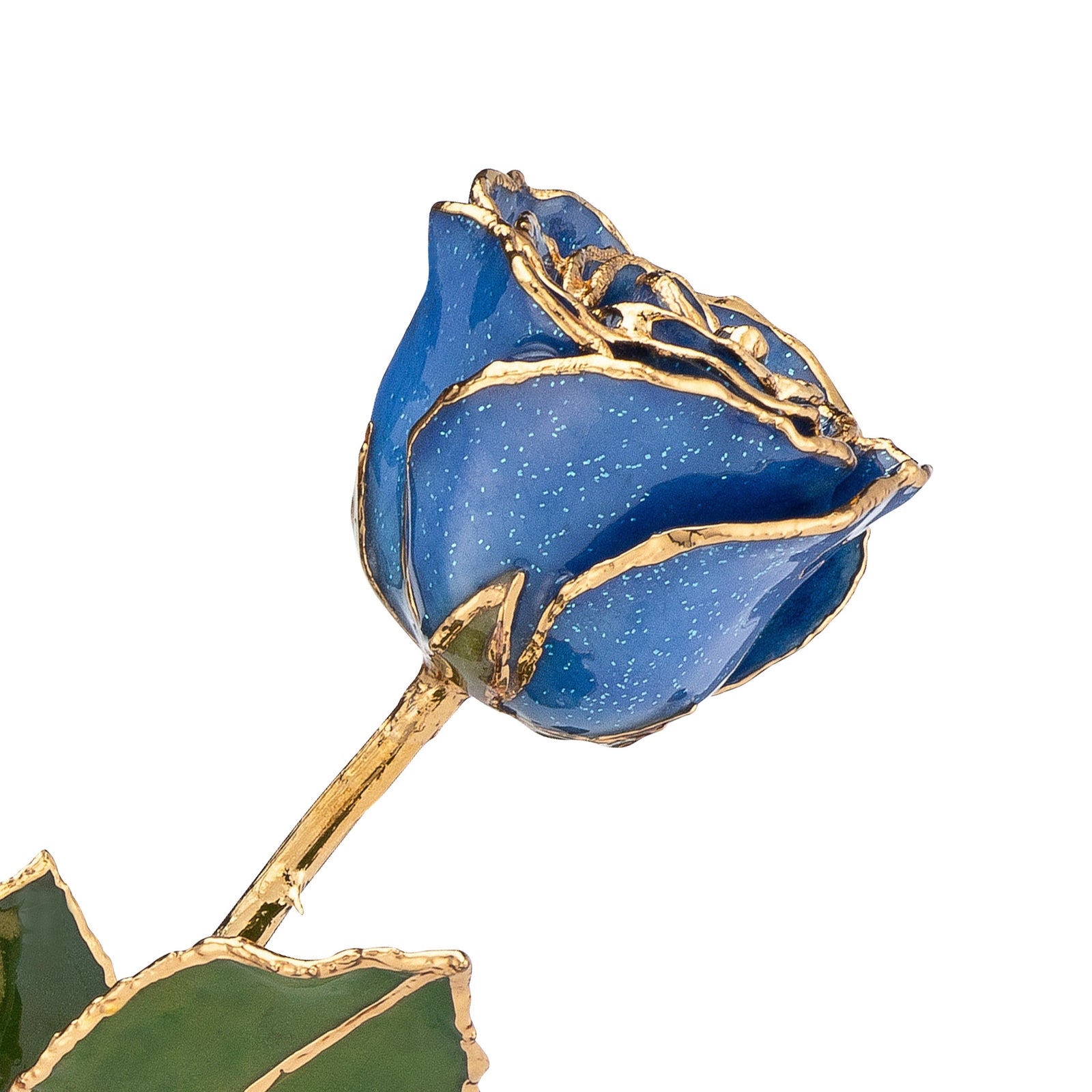 24K Gold Trimmed Forever Rose with Sapphire Blue Petals with Sapphire Suspended Sparkles. View of Stem, Leaves, and Rose Petals and Showing Detail of Gold Trim