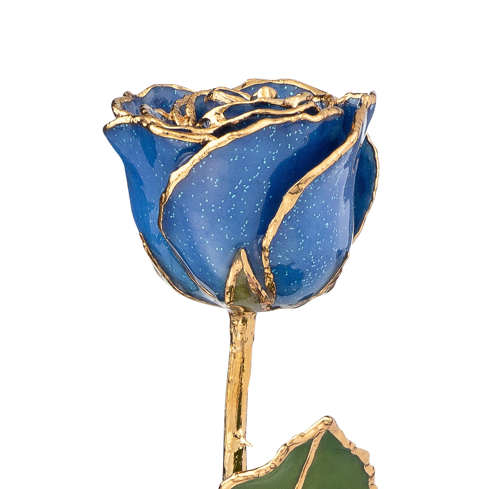 24K Gold Trimmed Forever Rose with Sapphire Blue Petals with Sapphire Suspended Sparkles. View of Stem, Leaves, and Rose Petals and Showing Detail of Gold Trim