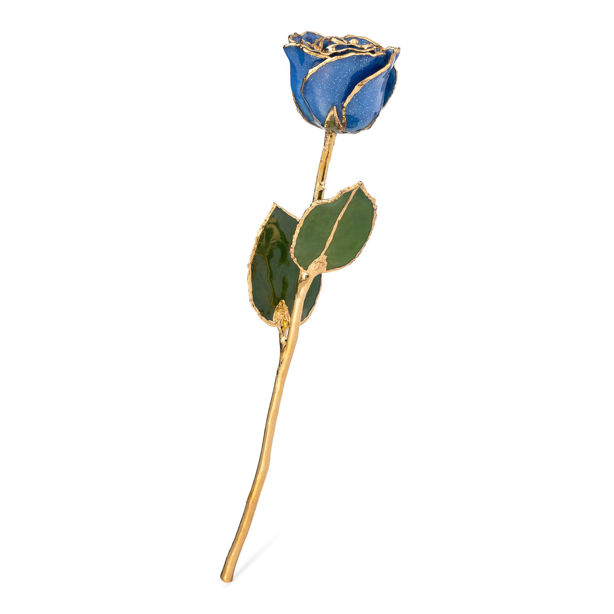 24K Gold Trimmed Forever Rose with Sapphire Blue Petals with Sapphire Suspended Sparkles. View of Stem, Leaves, and Rose Petals and Showing Detail of Gold Trim