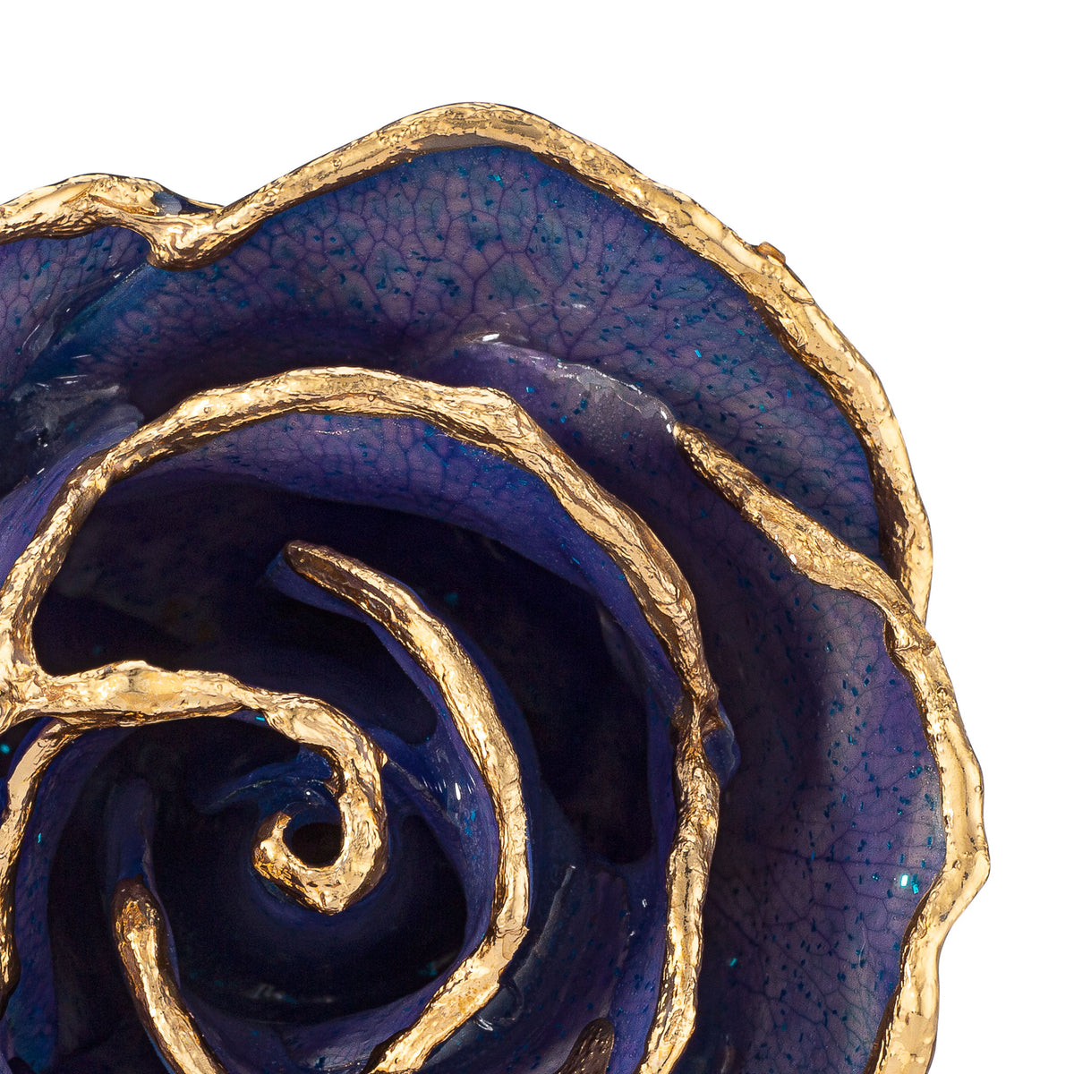24K Gold Trimmed Forever Rose with Tanzanite (Purple, Lavender, and Blue color blend) Petals with Sapphire Blue Suspended Sparkles. View of Stem, Leaves, and Rose Petals and Showing Detail of Gold Trim. Zoomed in view from top.