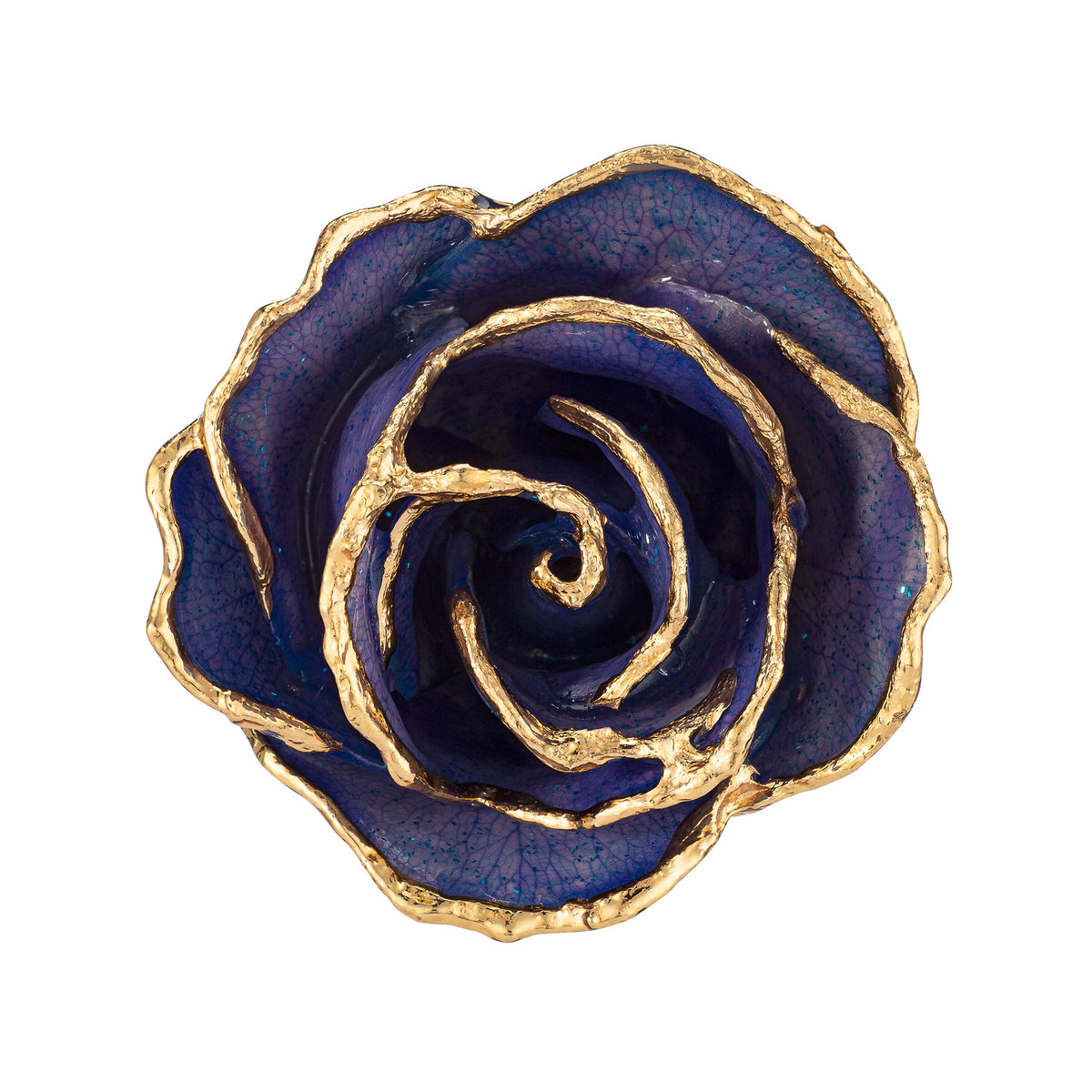 24K Gold Trimmed Forever Rose with Tanzanite (Purple, Lavender, and Blue color blend) Petals with Sapphire Blue Suspended Sparkles. View of Stem, Leaves, and Rose Petals and Showing Detail of Gold Trim view looking down into rose.