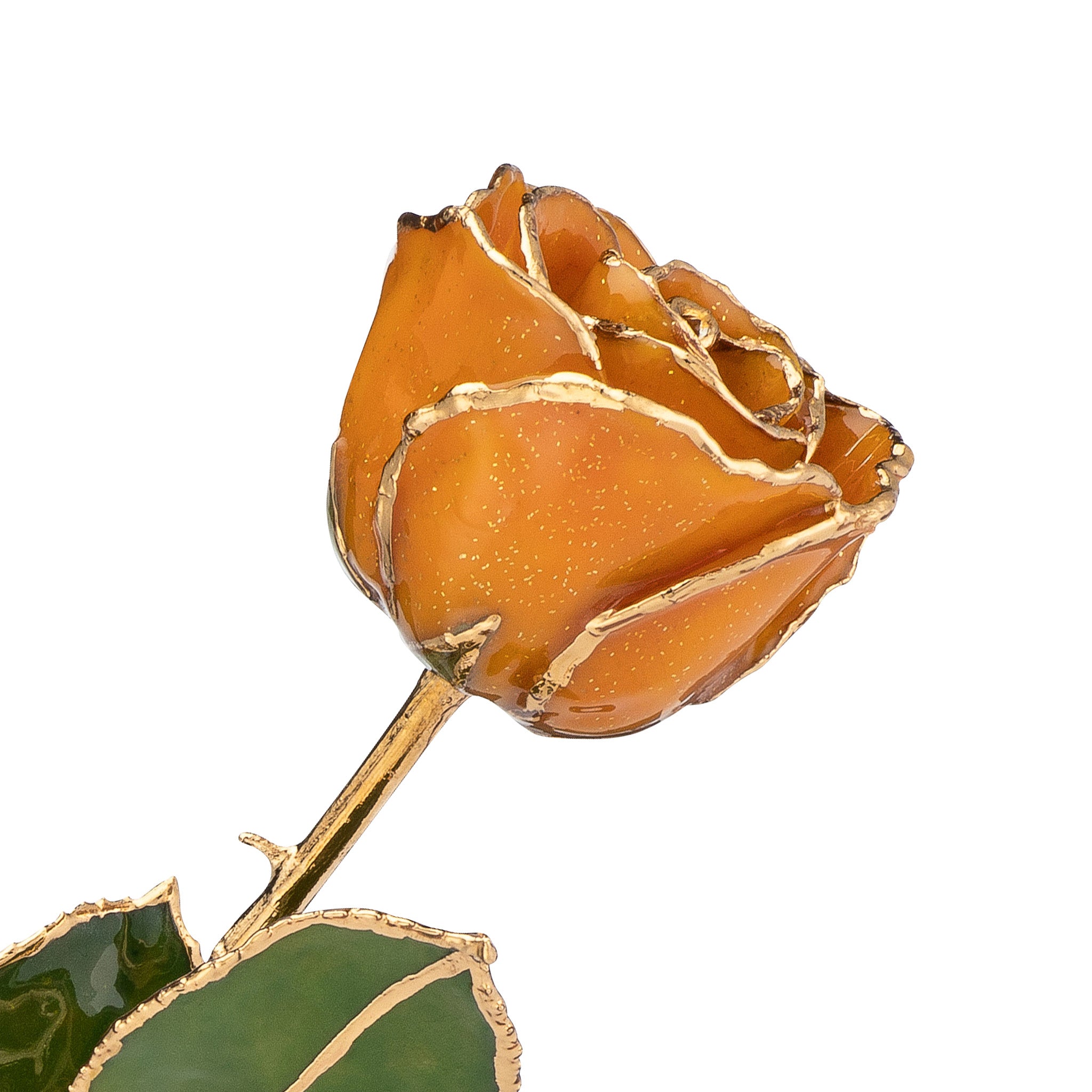 November Birthstone Rose - 24K Gold Trimmed Forever Rose with Topaz or Citrine (Amber color) Petals with Gold colored Suspended Sparkles. View of Stem, Leaves, and Rose Petals and Showing Detail of Gold Trim
