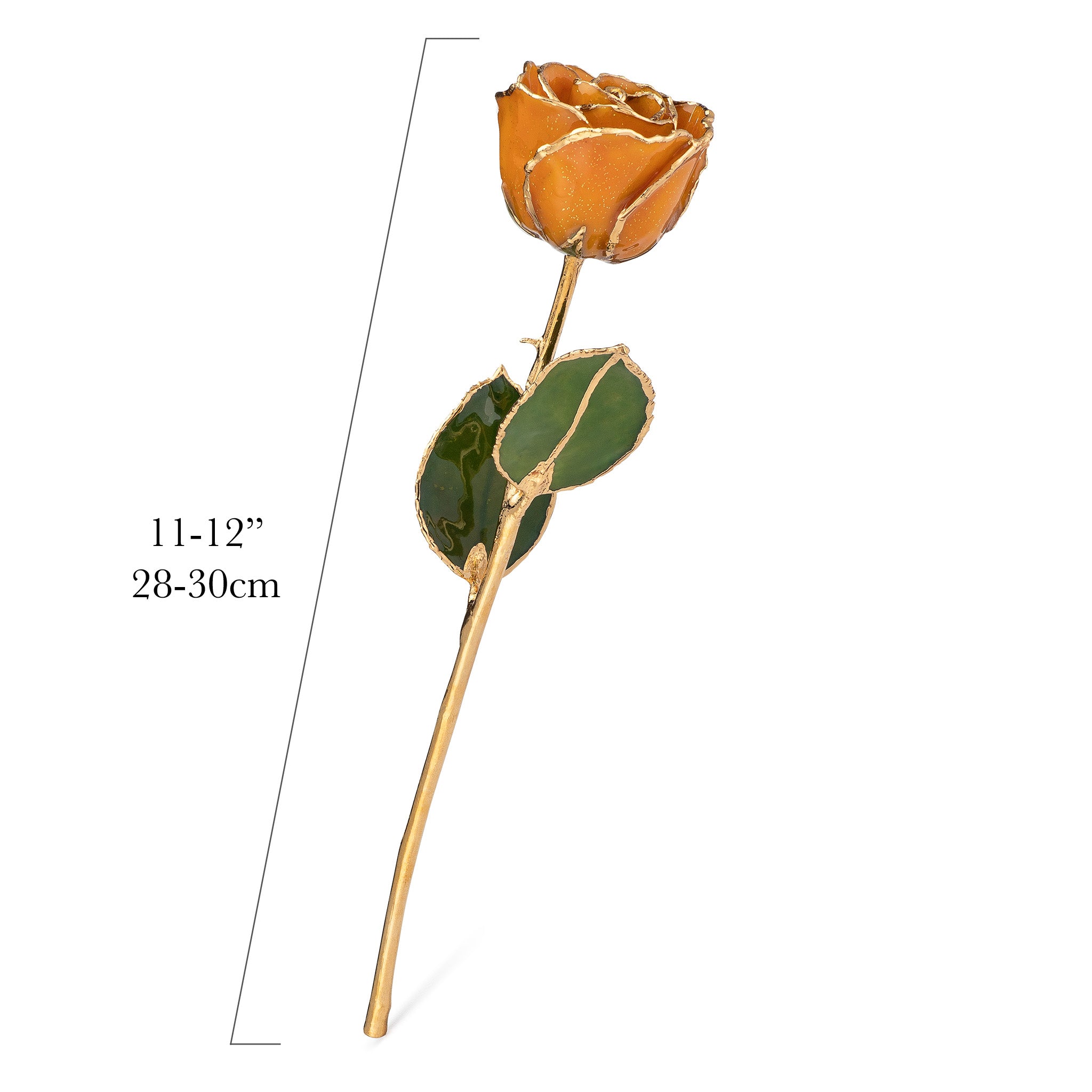 24K Gold Trimmed Forever Rose with Topaz or Citrine (Amber color) Petals with Gold colored Suspended Sparkles. View of Stem, Leaves, and Rose Petals and Showing Detail of Gold Trim with measurements of rose