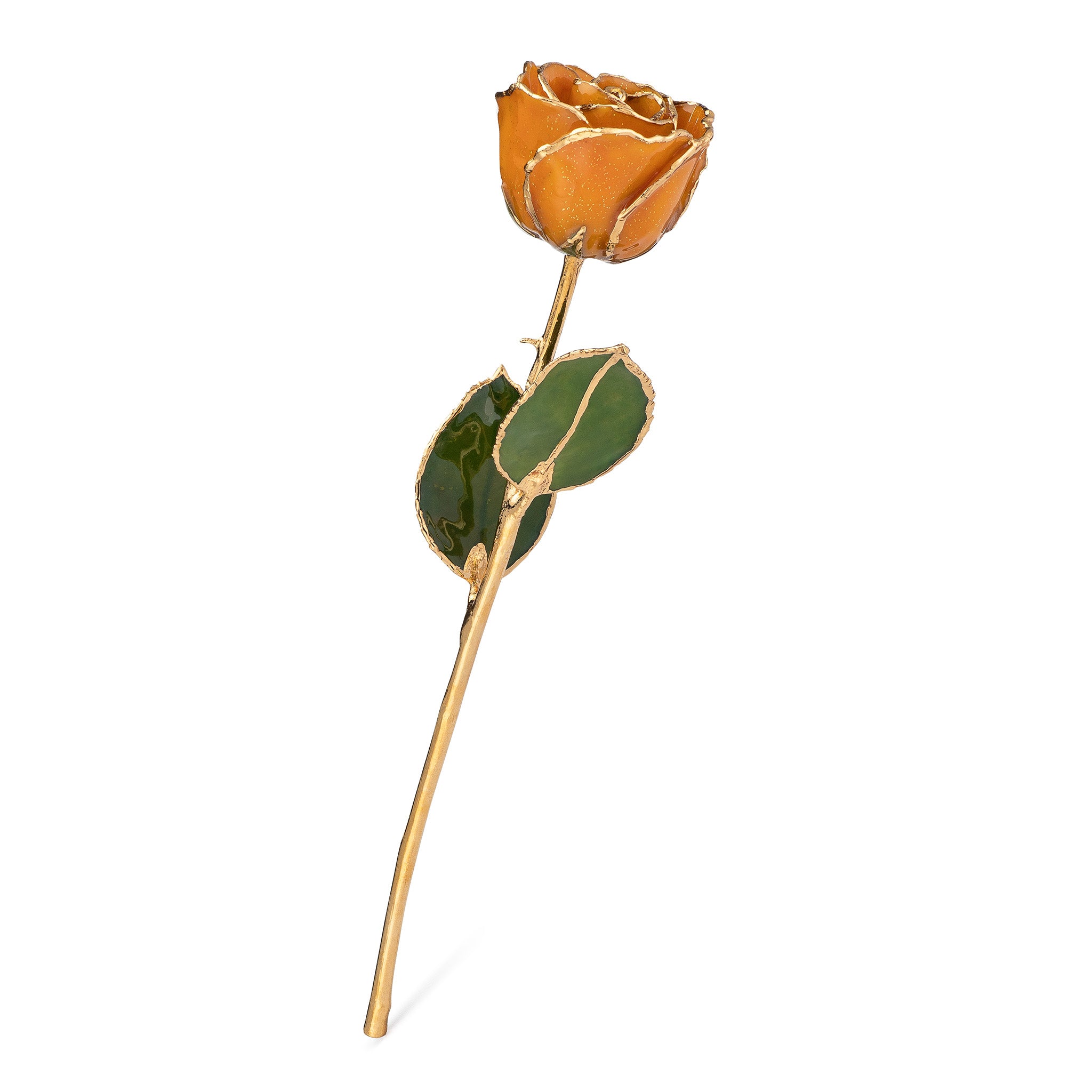 24K Gold Trimmed Forever Rose with Topaz or Citrine (Amber color) Petals with Gold colored Suspended Sparkles. View of Stem, Leaves, and Rose Petals and Showing Detail of Gold Trim