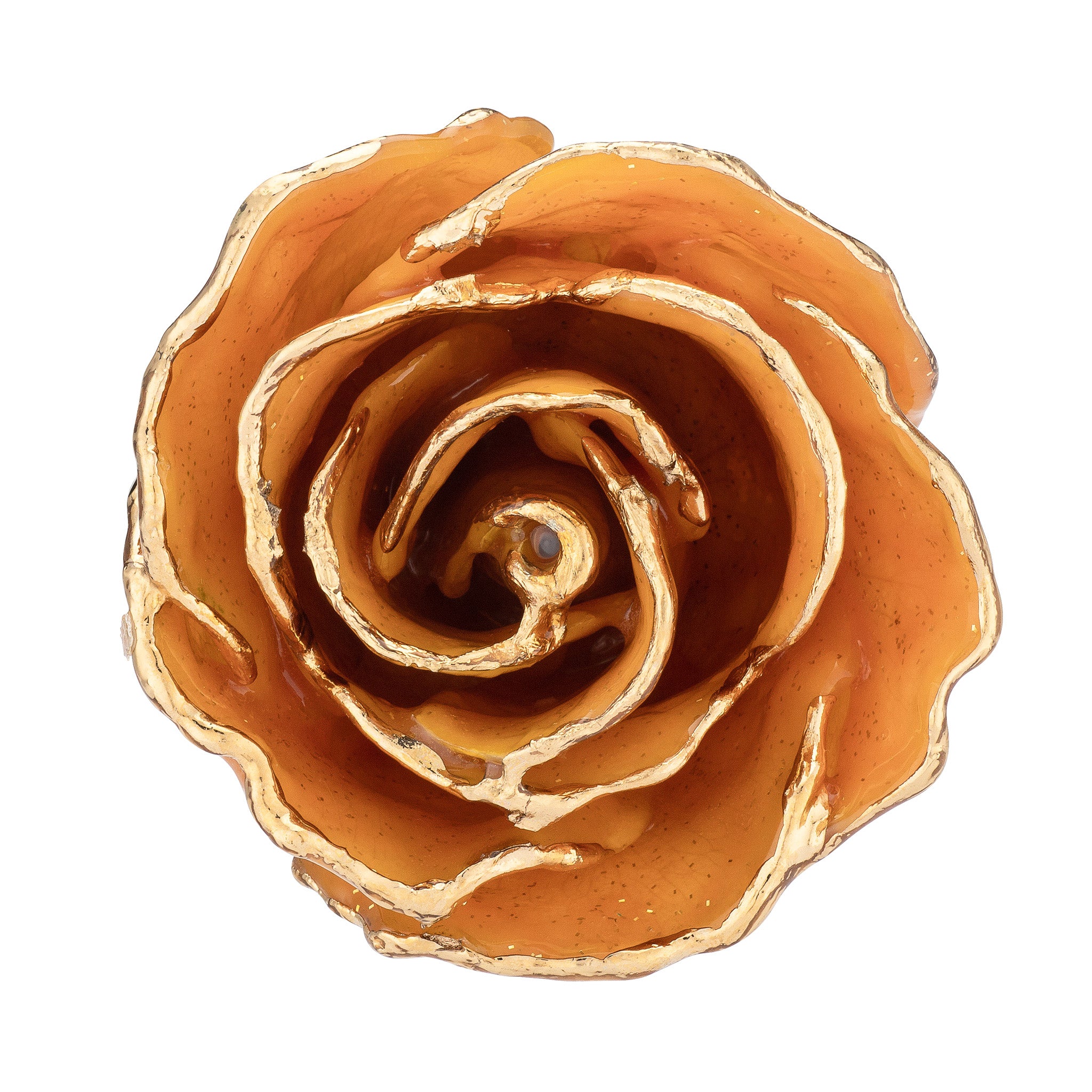 24K Gold Trimmed Forever Rose with Topaz or Citrine (Amber color) Petals with Gold colored Suspended Sparkles. View of Stem, Leaves, and Rose Petals and Showing Detail of Gold Trim