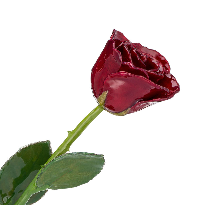 Natural (Green Stem) Forever Rose with Deep Red, Burgundy Colored Petals. View of Stem, Leaves, and Rose Petals. This a Forever Rose without any gold or other precious metals on it.