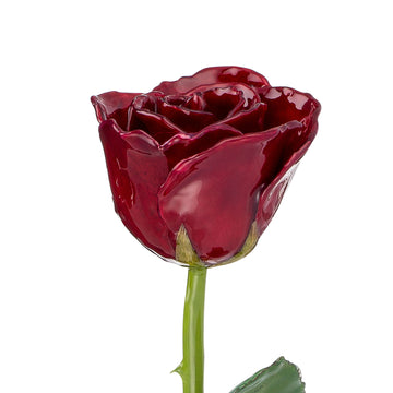 Natural (Green Stem) Forever Rose with Deep Red, Burgundy Colored Petals. View of Stem, Leaves, and Rose Petals. This a Forever Rose without any gold or other precious metals on it.