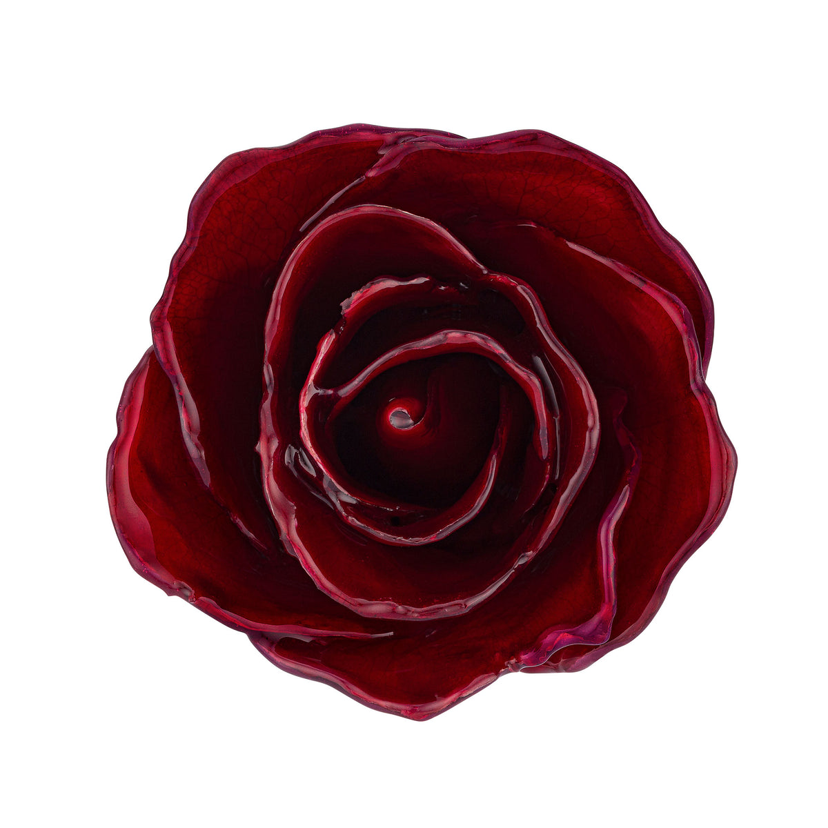 Natural (Green Stem) Forever Rose with Deep Red, Burgundy Colored Petals. View of Stem, Leaves, and Rose Petals. This a Forever Rose without any gold or other precious metals on it. view from top.
