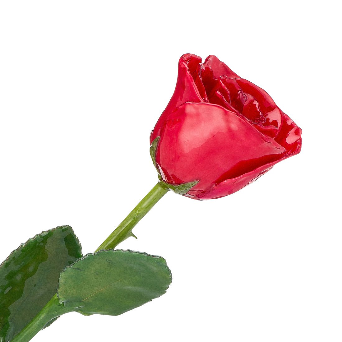 Natural (Green Stem) Forever Rose with Red Colored Petals. View of Stem, Leaves, and Rose Petals. This a Forever Rose without any gold or other precious metals on it.