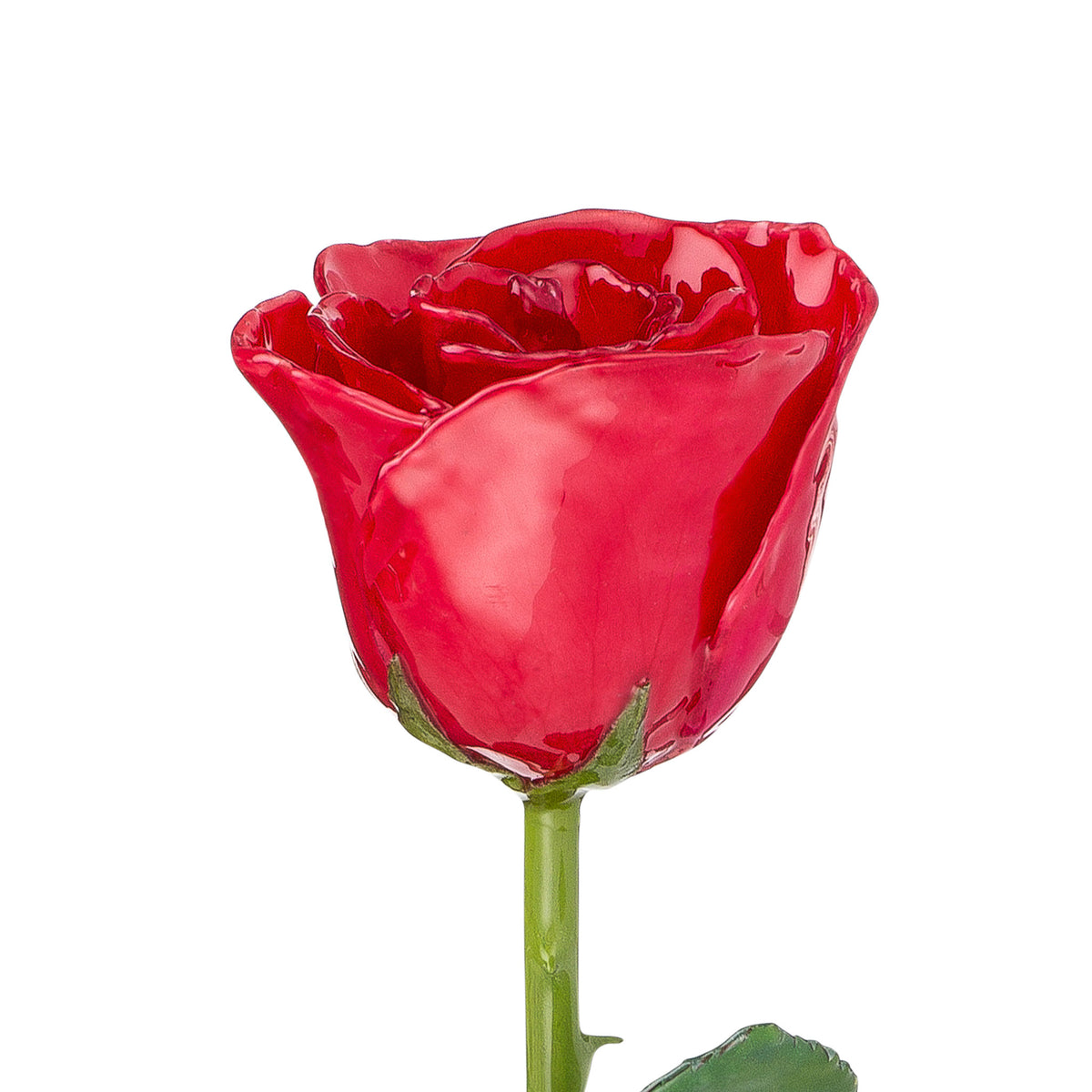 Natural (Green Stem) Forever Rose with Red Colored Petals. View of Stem, Leaves, and Rose Petals. This a Forever Rose without any gold or other precious metals on it.