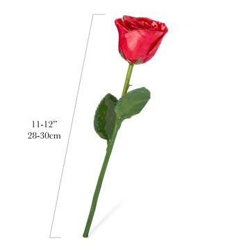 Natural (Green Stem) Forever Rose with Red Colored Petals. View of Stem, Leaves, and Rose Petals. This a Forever Rose without any gold or other precious metals on it.