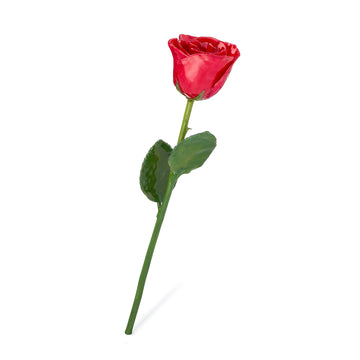Natural (Green Stem) Forever Rose with Red Colored Petals. View of Stem, Leaves, and Rose Petals. This a Forever Rose without any gold or other precious metals on it.