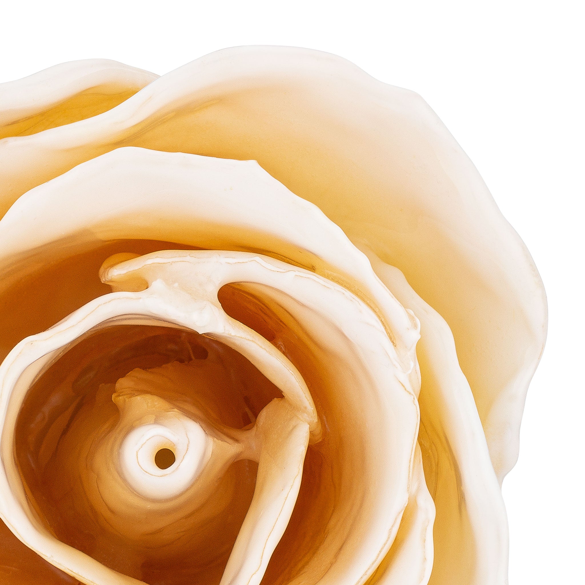 Natural (Green Stem) Forever Rose with White Colored Petals. View of Stem, Leaves, and Rose Petals. This a Forever Rose without any gold or other precious metals on it. Zoomed in view from top.
