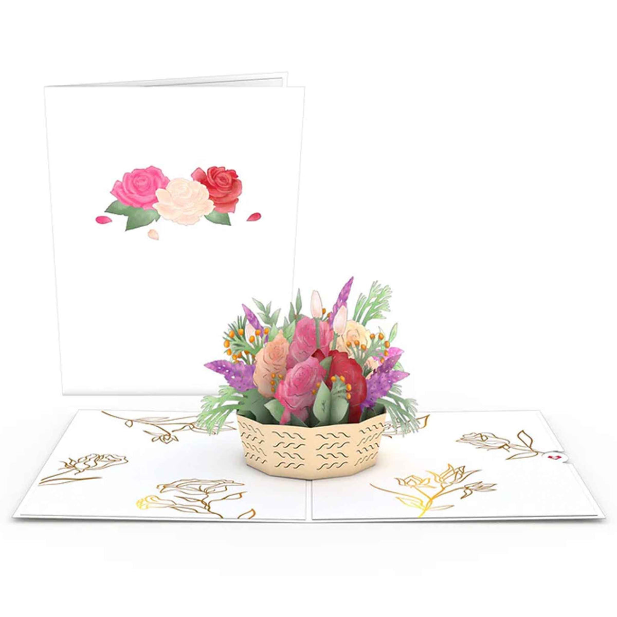 Pink Rose Basket Arrangement 3D Popup Card