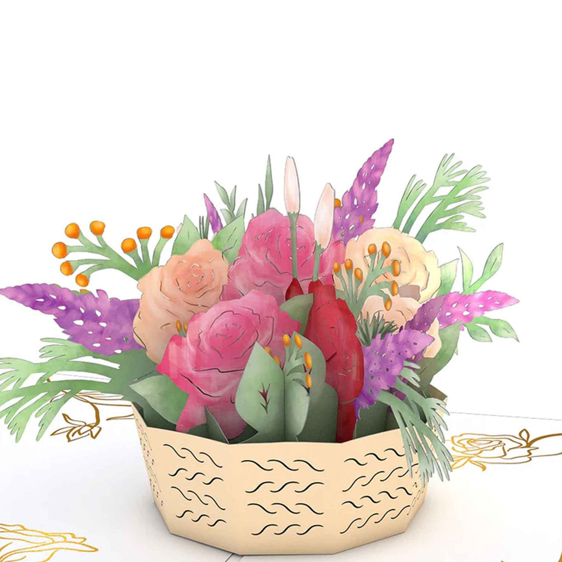 Pink Rose Basket Arrangement 3D Popup Card