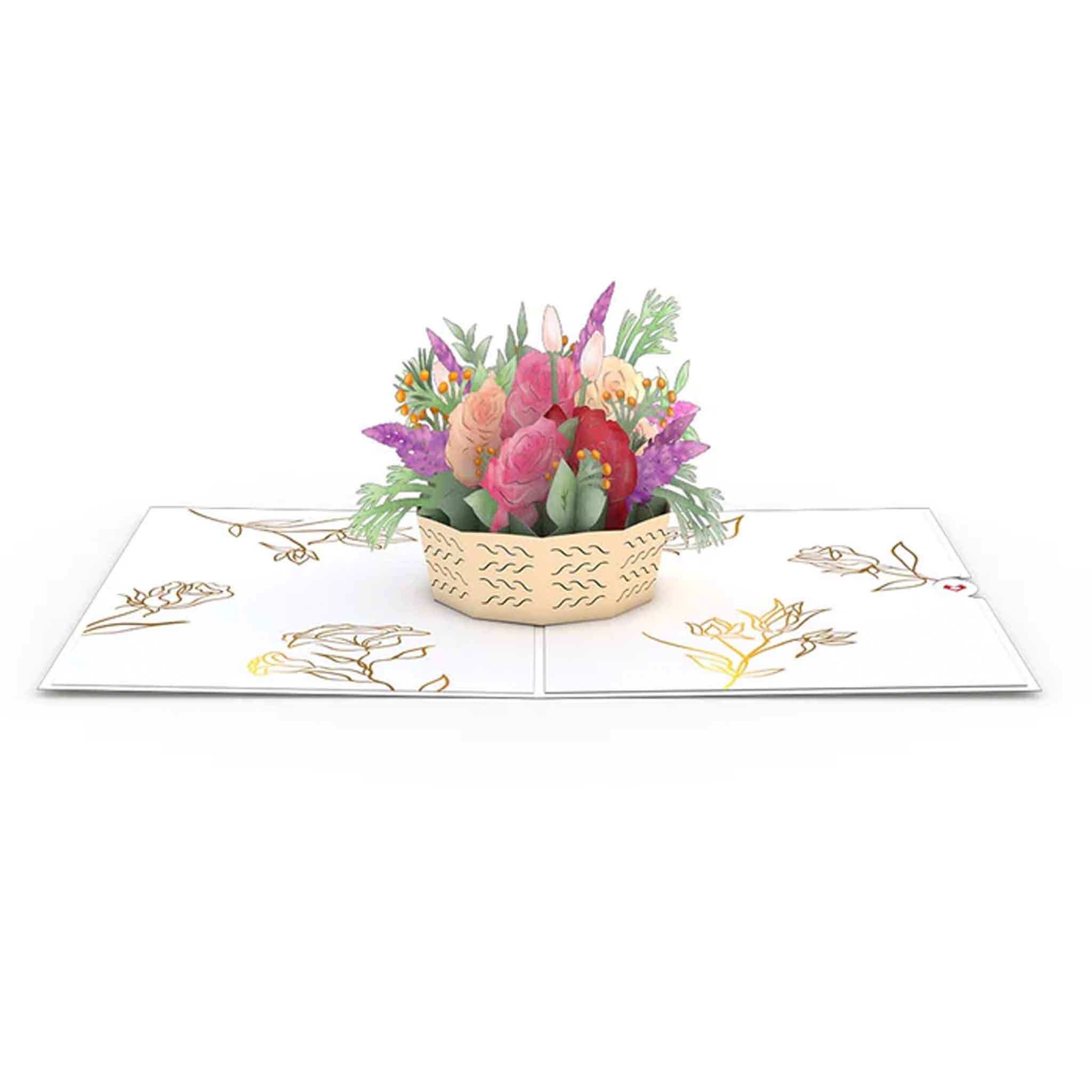 Pink Rose Basket Arrangement 3D Popup Card