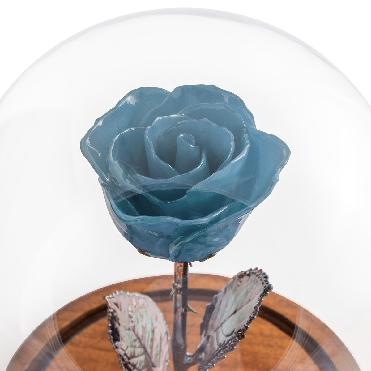 Blue Enchanted Rose (aka Beauty &amp; The Beast Rose) with Patina Copper Stem Mounted to A Hand Turned Solid Wood Base under a glass dome. Close up of flower.