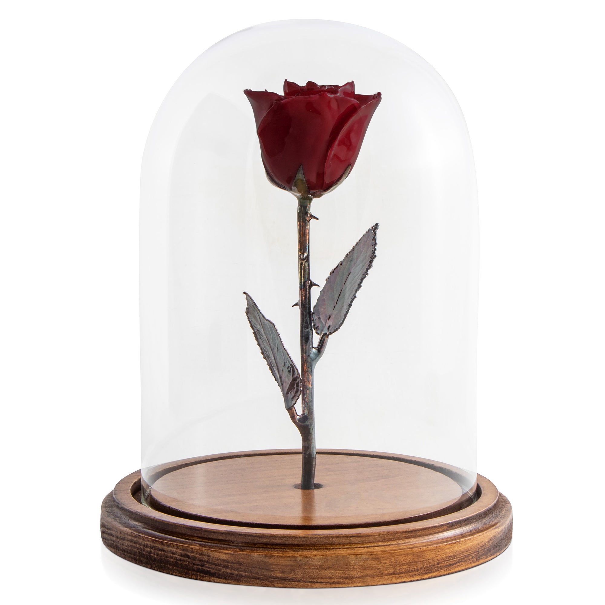 Burgundy Enchanted Rose (aka Beauty & The Beast Rose) with Patina Copper Stem Mounted to A Hand Turned Solid Wood Base under a glass dome.