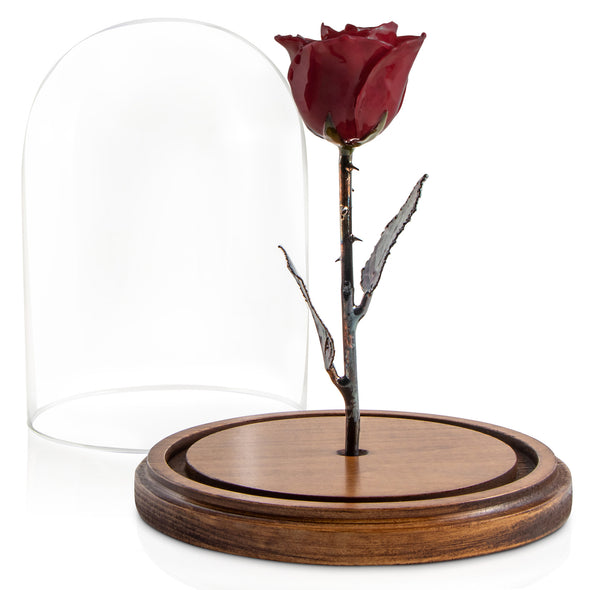 Burgundy Enchanted Rose (aka Beauty & The Beast Rose) with Patina Copper Stem Mounted to A Hand Turned Solid Wood Base under a glass dome.