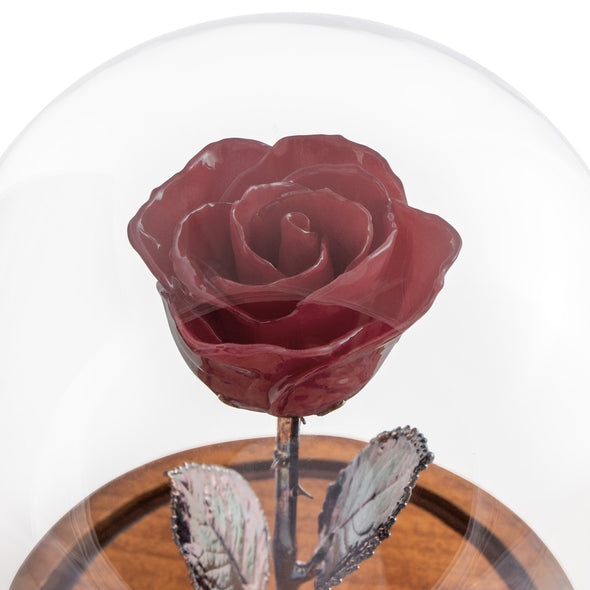 Burgundy Enchanted Rose (aka Beauty & The Beast Rose) with Patina Copper Stem Mounted to A Hand Turned Solid Wood Base under a glass dome.