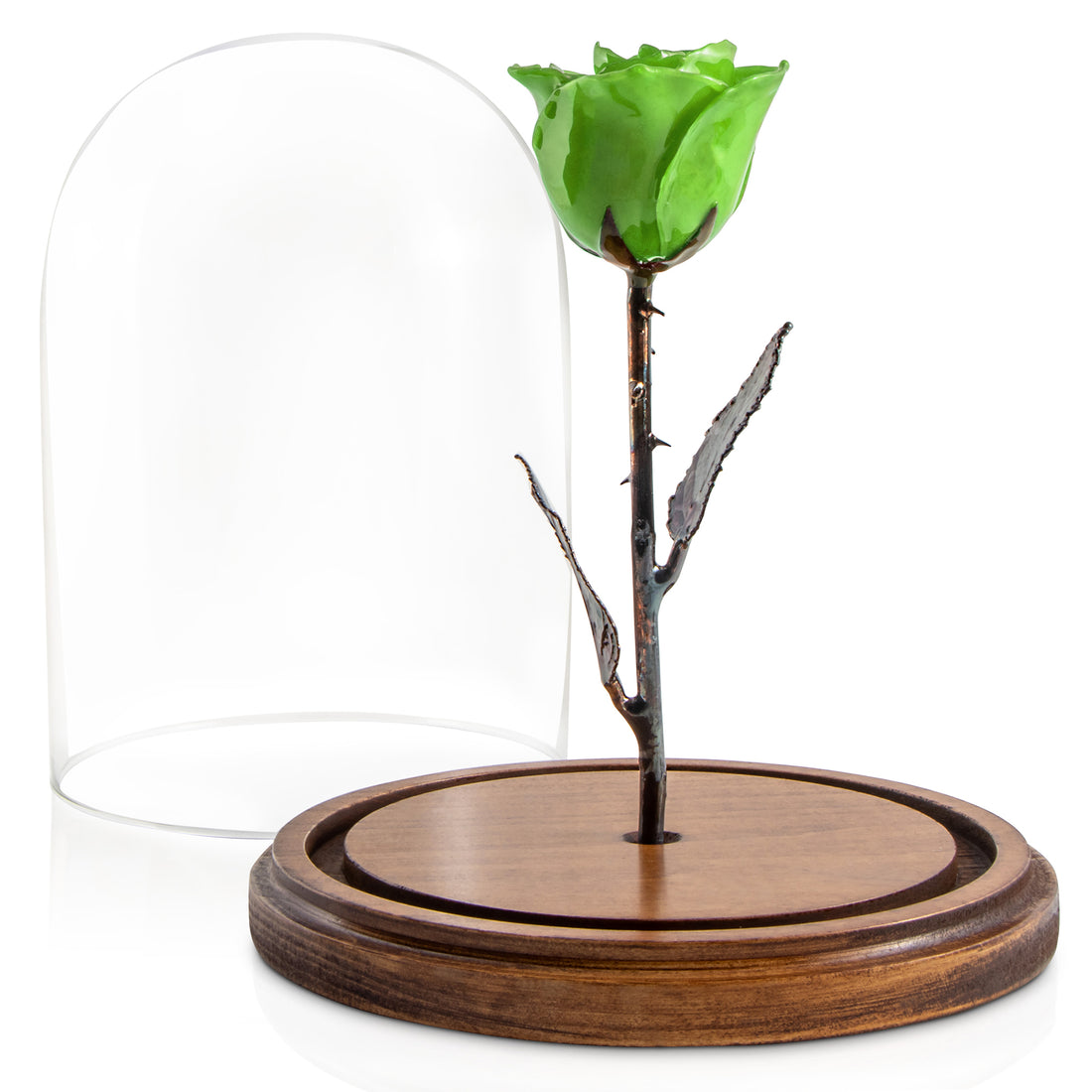 Green Enchanted Rose (aka Beauty & The Beast Rose) with Patina Copper Stem Mounted to A Hand Turned Solid Wood Base under a glass dome. Shown with the dome off.