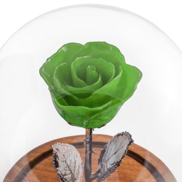 Green Enchanted Rose (aka Beauty & The Beast Rose) with Patina Copper Stem Mounted to A Hand Turned Solid Wood Base under a glass dome. Close up view.