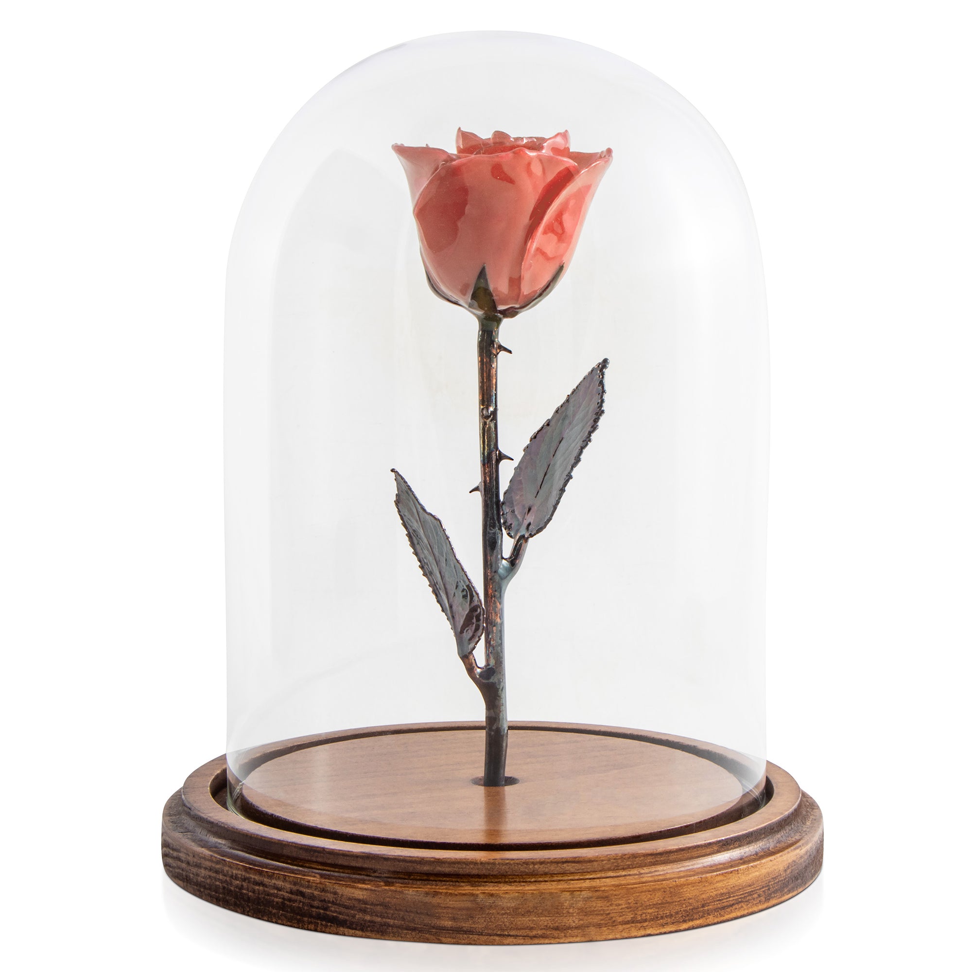 Pink Enchanted Rose (aka Beauty & The Beast Rose) with Patina Copper Stem Mounted to A Hand Turned Solid Wood Base under a glass dome.
