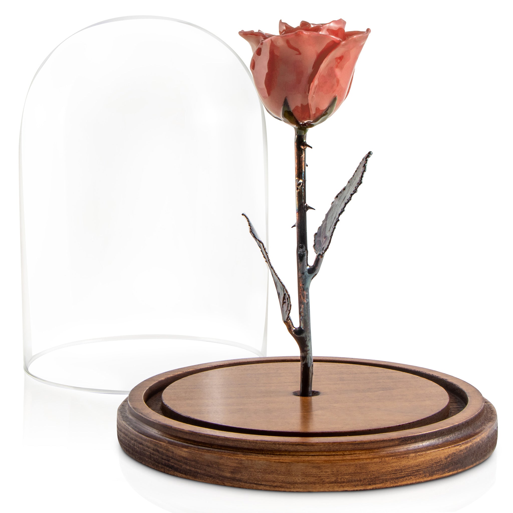 Pink Enchanted Rose (aka Beauty & The Beast Rose) with Patina Copper Stem Mounted to A Hand Turned Solid Wood Base under a glass dome.