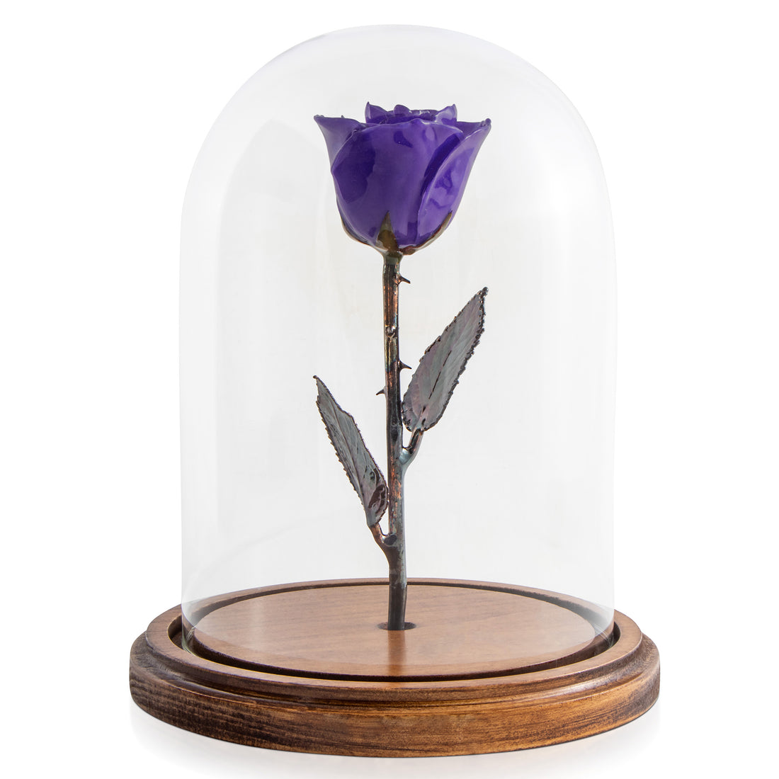 Purple Enchanted Rose (aka Beauty & The Beast Rose) with Patina Copper Stem Mounted to A Hand Turned Solid Wood Base under a glass dome.