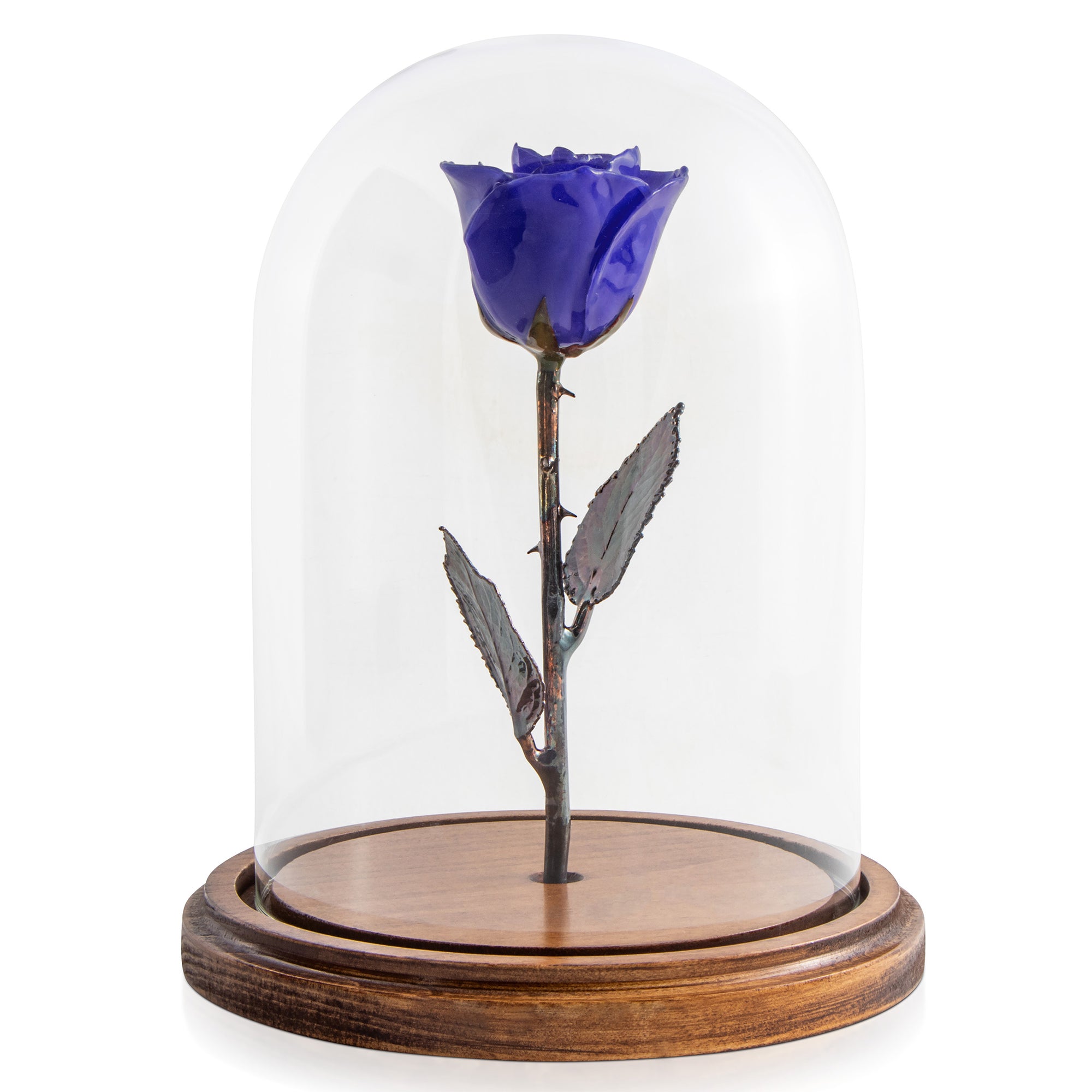 Violet Pearl Enchanted Rose (aka Beauty & The Beast Rose) with Patina Copper Stem Mounted to A Hand Turned Solid Wood Base under a glass dome.