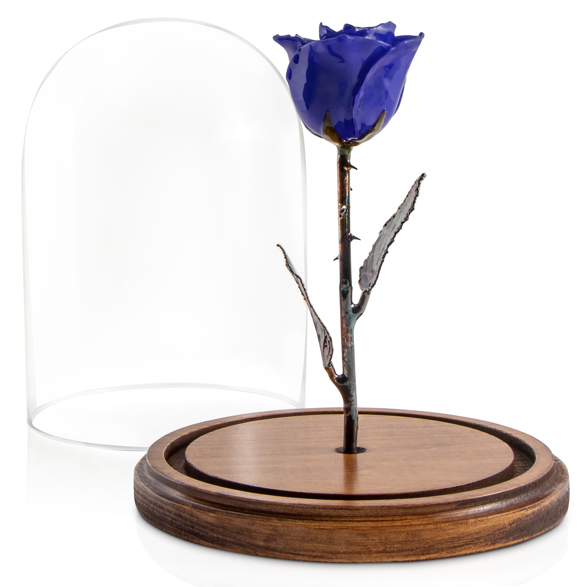 Violet Pearl Enchanted Rose (aka Beauty & The Beast Rose) with Patina Copper Stem Mounted to A Hand Turned Solid Wood Base under a glass dome.