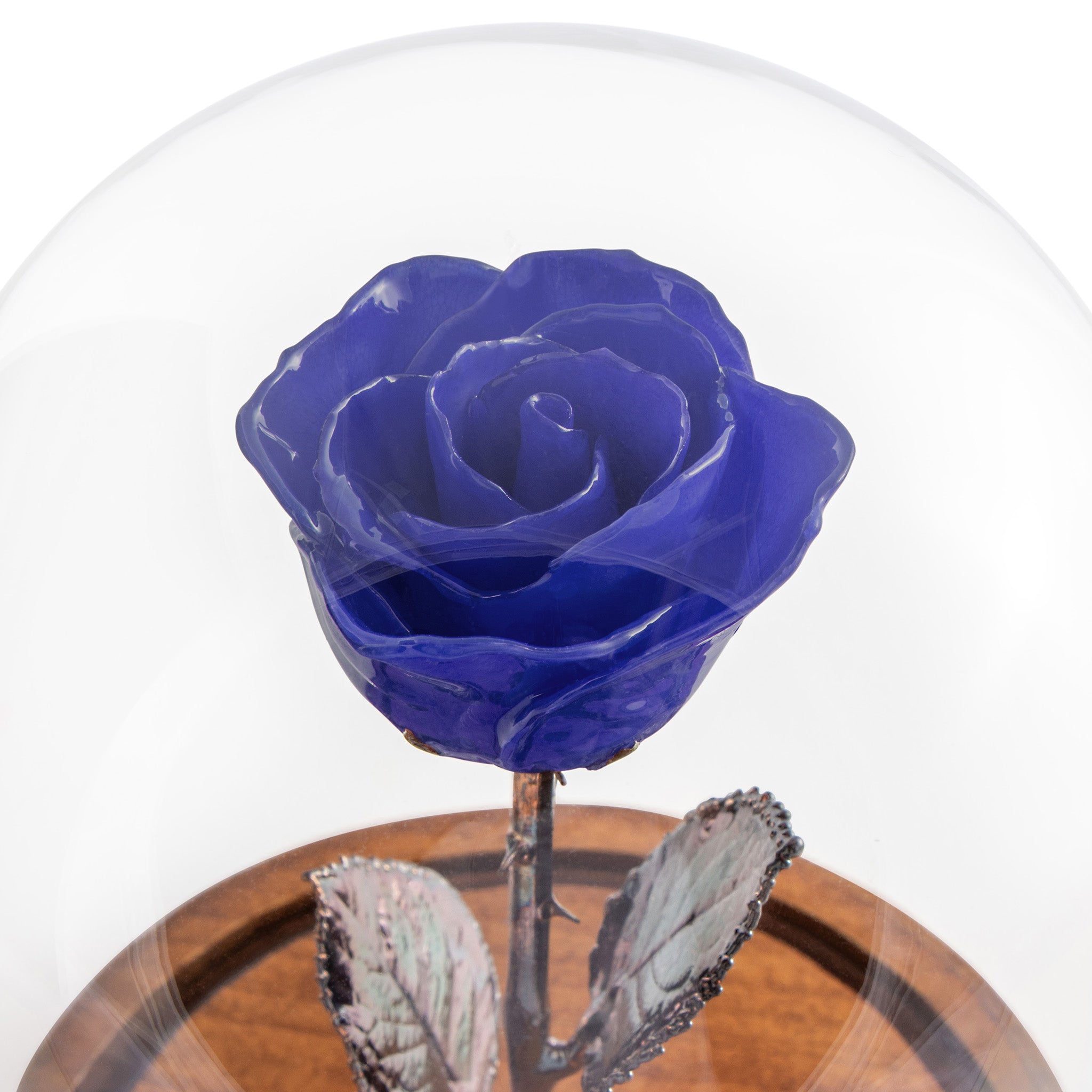 Violet Pearl Enchanted Rose (aka Beauty & The Beast Rose) with Patina Copper Stem Mounted to A Hand Turned Solid Wood Base under a glass dome.