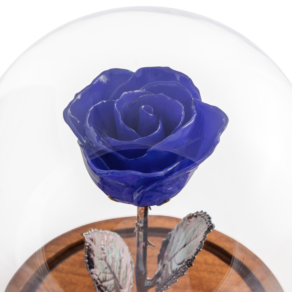 Violet Pearl Enchanted Rose (aka Beauty &amp; The Beast Rose) with Patina Copper Stem Mounted to A Hand Turned Solid Wood Base under a glass dome.