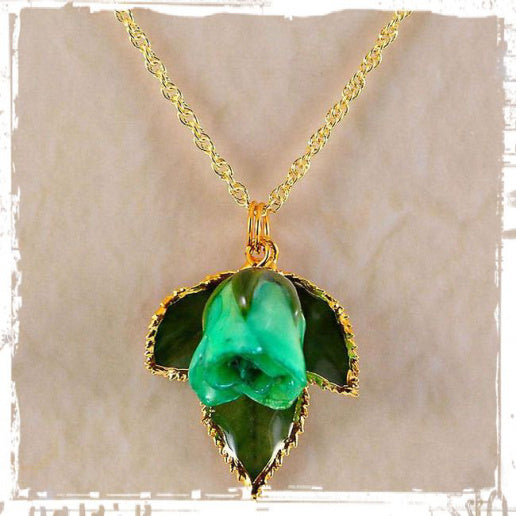 Real Forever Rose Bud w/leaves Necklace